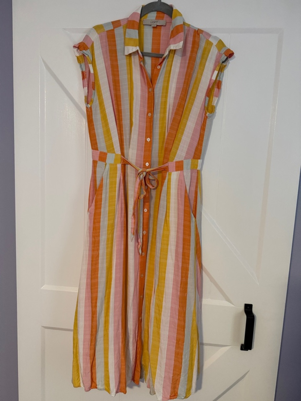 LOFT Striped Button-Front Midi Dress in Pink, Orange & Mustard